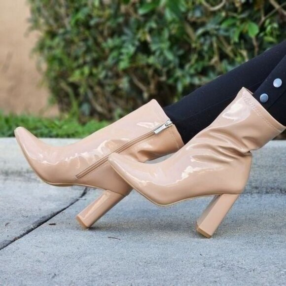 Shoes - Women's Nude Chunky Heel Ankle Booties
